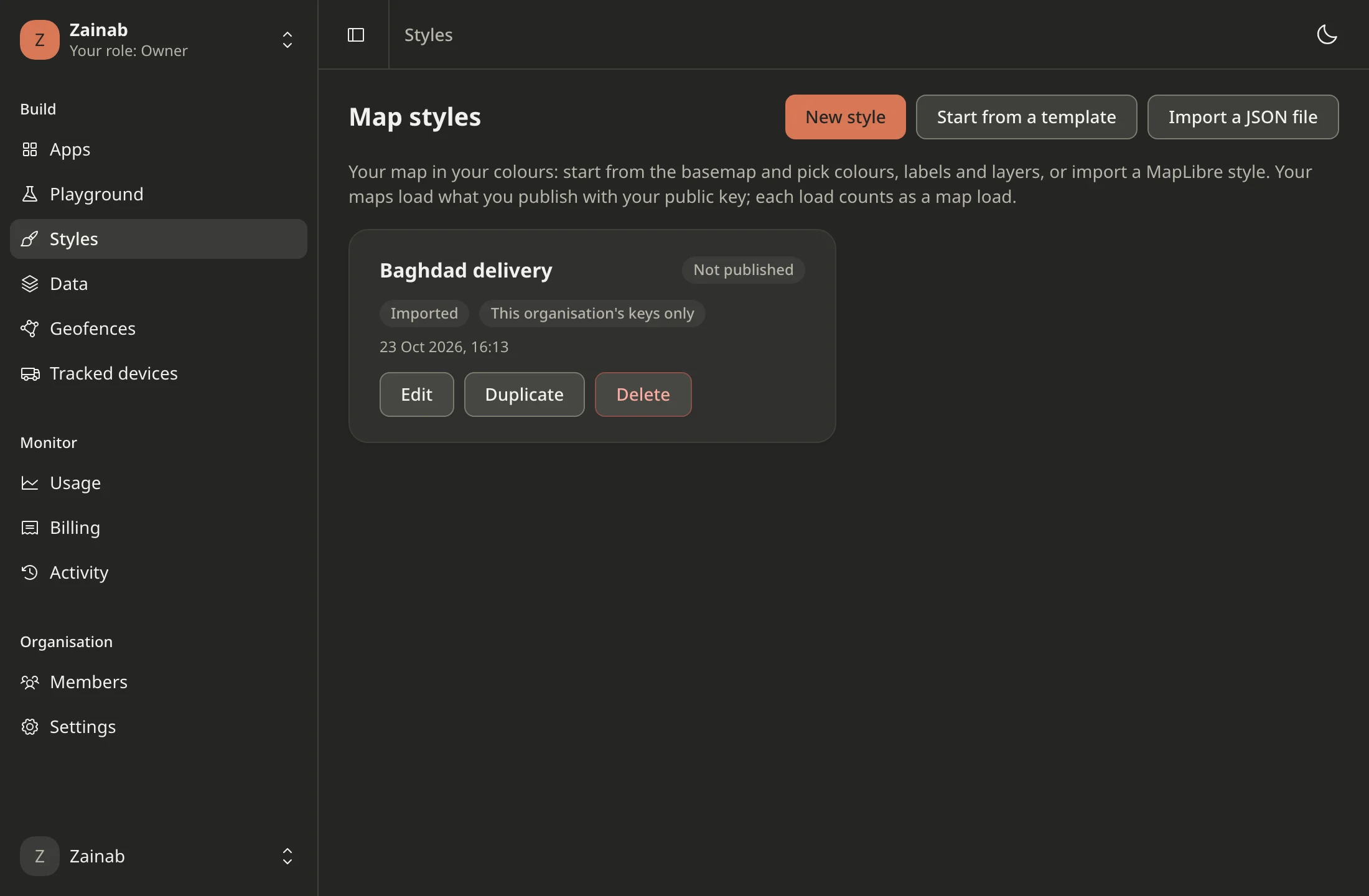 The console's styles list, where custom styles are made and published