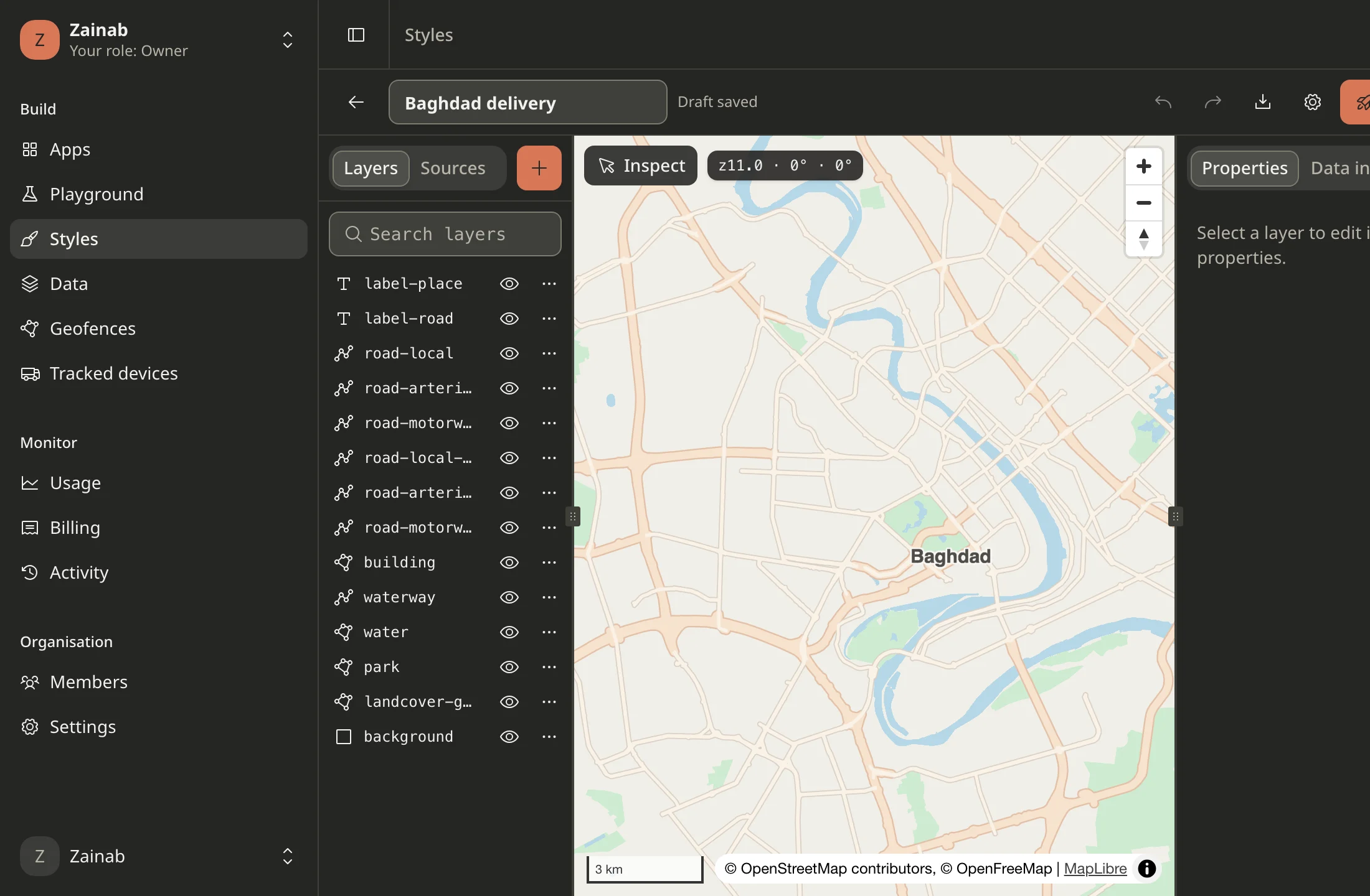 The style Studio: the layer list, the map preview and the properties panel